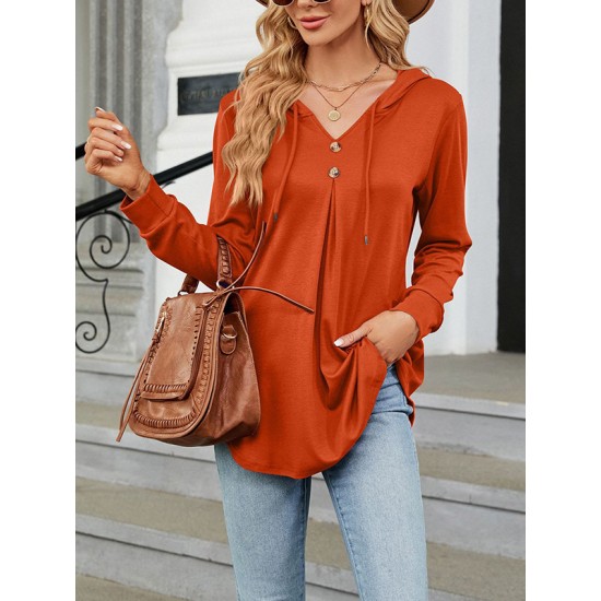 Buttoned Drawstring Hooded Solid Color Long Sleeves Loose V-Neck T-Shirts Tops Buttoned Drawstring Hooded Solid Color Long Sleeves Loose V-Neck T-Shirts Tops