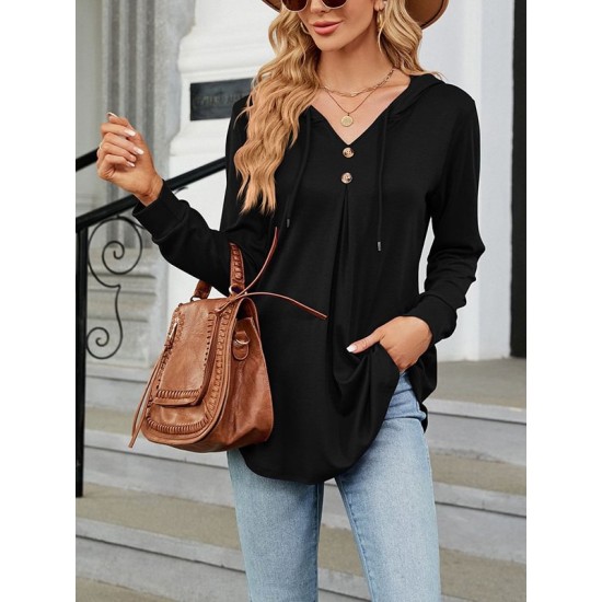 Buttoned Drawstring Hooded Solid Color Long Sleeves Loose V-Neck T-Shirts Tops Buttoned Drawstring Hooded Solid Color Long Sleeves Loose V-Neck T-Shirts Tops