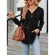Buttoned Drawstring Hooded Solid Color Long Sleeves Loose V-Neck T-Shirts Tops Buttoned Drawstring Hooded Solid Color Long Sleeves Loose V-Neck T-Shirts Tops