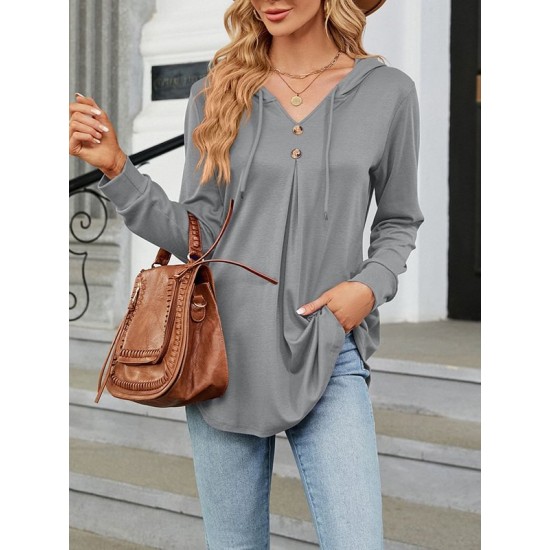 Buttoned Drawstring Hooded Solid Color Long Sleeves Loose V-Neck T-Shirts Tops Buttoned Drawstring Hooded Solid Color Long Sleeves Loose V-Neck T-Shirts Tops