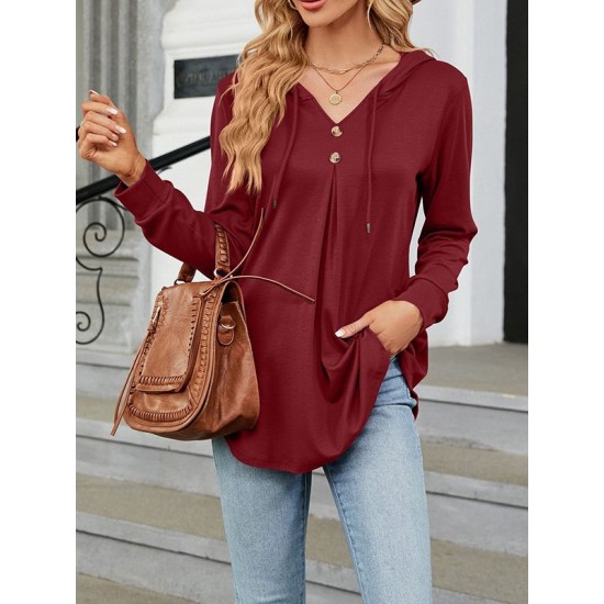 Buttoned Drawstring Hooded Solid Color Long Sleeves Loose V-Neck T-Shirts Tops Buttoned Drawstring Hooded Solid Color Long Sleeves Loose V-Neck T-Shirts Tops