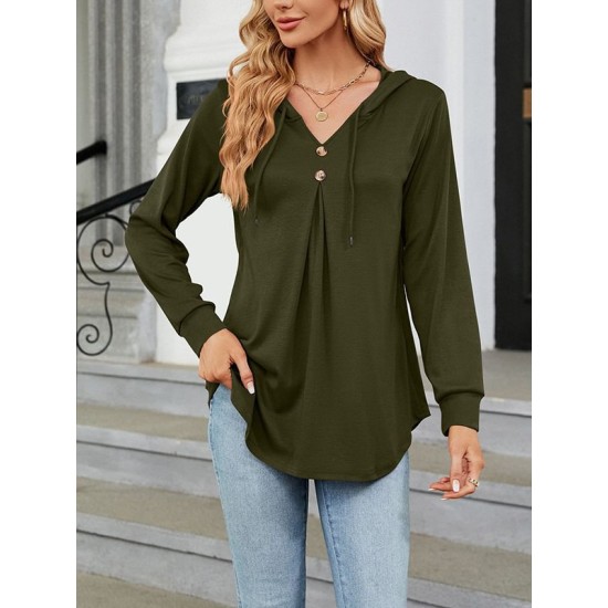 Buttoned Drawstring Hooded Solid Color Long Sleeves Loose V-Neck T-Shirts Tops Buttoned Drawstring Hooded Solid Color Long Sleeves Loose V-Neck T-Shirts Tops