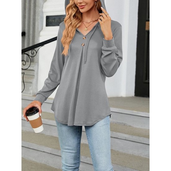 Buttoned Drawstring Hooded Solid Color Long Sleeves Loose V-Neck T-Shirts Tops Buttoned Drawstring Hooded Solid Color Long Sleeves Loose V-Neck T-Shirts Tops
