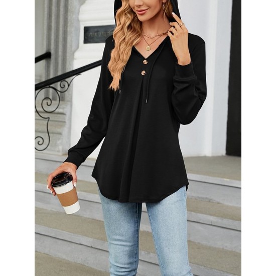 Buttoned Drawstring Hooded Solid Color Long Sleeves Loose V-Neck T-Shirts Tops Buttoned Drawstring Hooded Solid Color Long Sleeves Loose V-Neck T-Shirts Tops