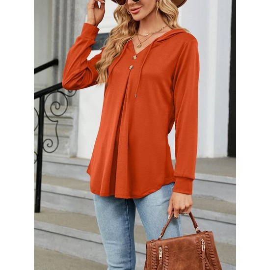 Buttoned Drawstring Hooded Solid Color Long Sleeves Loose V-Neck T-Shirts Tops Buttoned Drawstring Hooded Solid Color Long Sleeves Loose V-Neck T-Shirts Tops