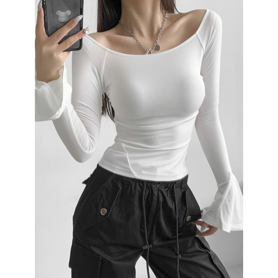 Pleated Solid Color Flared Sleeves Long Sleeves Boat Neck T-Shirts Tops Pleated Solid Color Flared Sleeves Long Sleeves Boat Neck T-Shirts Tops