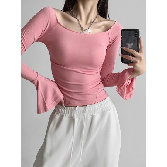 Pleated Solid Color Flared Sleeves Long Sleeves Boat Neck T-Shirts Tops Pleated Solid Color Flared Sleeves Long Sleeves Boat Neck T-Shirts Tops