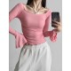 Pleated Solid Color Flared Sleeves Long Sleeves Boat Neck T-Shirts Tops Pleated Solid Color Flared Sleeves Long Sleeves Boat Neck T-Shirts Tops