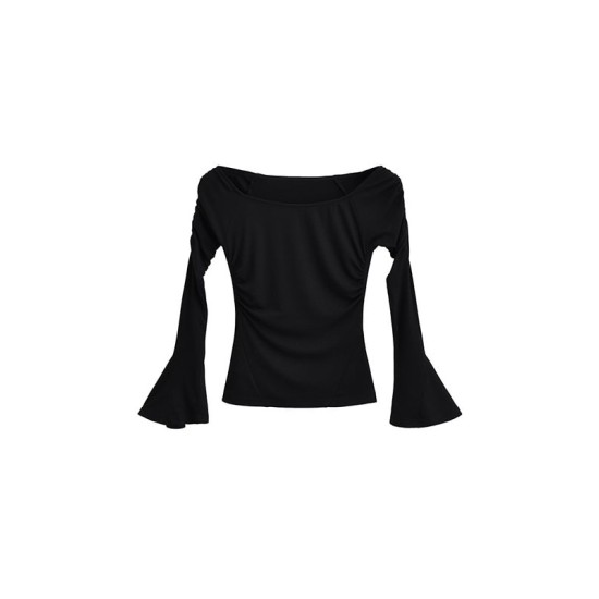 Pleated Solid Color Flared Sleeves Long Sleeves Boat Neck T-Shirts Tops Pleated Solid Color Flared Sleeves Long Sleeves Boat Neck T-Shirts Tops