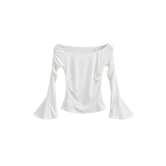 Pleated Solid Color Flared Sleeves Long Sleeves Boat Neck T-Shirts Tops Pleated Solid Color Flared Sleeves Long Sleeves Boat Neck T-Shirts Tops
