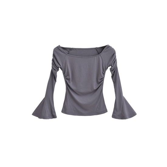 Pleated Solid Color Flared Sleeves Long Sleeves Boat Neck T-Shirts Tops Pleated Solid Color Flared Sleeves Long Sleeves Boat Neck T-Shirts Tops