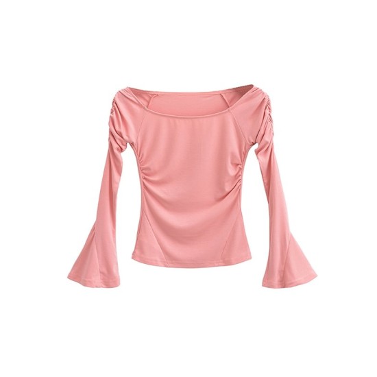Pleated Solid Color Flared Sleeves Long Sleeves Boat Neck T-Shirts Tops Pleated Solid Color Flared Sleeves Long Sleeves Boat Neck T-Shirts Tops