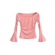 Pleated Solid Color Flared Sleeves Long Sleeves Boat Neck T-Shirts Tops Pleated Solid Color Flared Sleeves Long Sleeves Boat Neck T-Shirts Tops