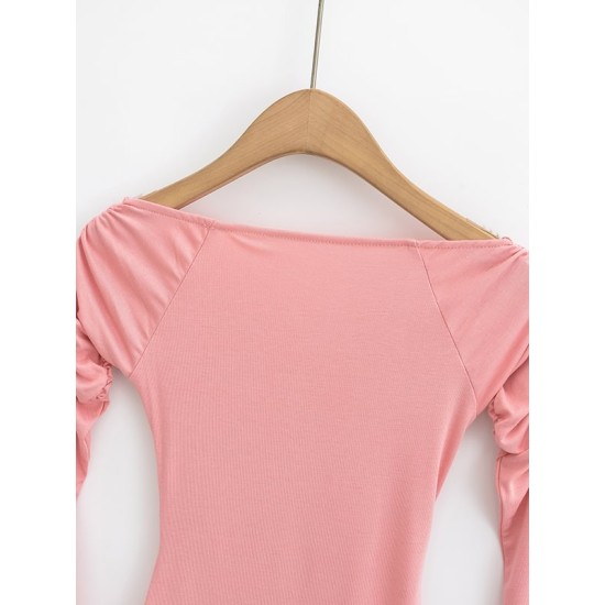 Pleated Solid Color Flared Sleeves Long Sleeves Boat Neck T-Shirts Tops Pleated Solid Color Flared Sleeves Long Sleeves Boat Neck T-Shirts Tops