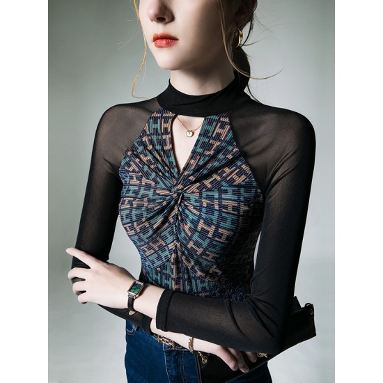 Hollow Knot Letter Print Split-Joint Long Sleeves Skinny Mock Neck T-Shirts Tops Hollow Knot Letter Print Split-Joint Long Sleeves Skinny Mock Neck T-Shirts Tops