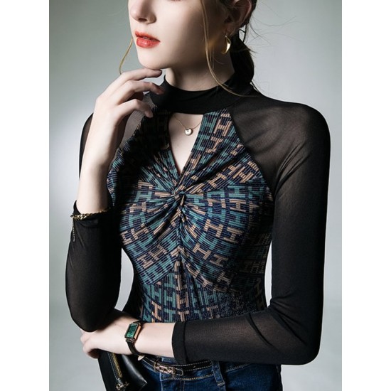 Hollow Knot Letter Print Split-Joint Long Sleeves Skinny Mock Neck T-Shirts Tops Hollow Knot Letter Print Split-Joint Long Sleeves Skinny Mock Neck T-Shirts Tops