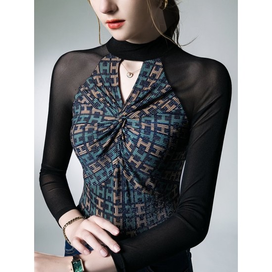 Hollow Knot Letter Print Split-Joint Long Sleeves Skinny Mock Neck T-Shirts Tops Hollow Knot Letter Print Split-Joint Long Sleeves Skinny Mock Neck T-Shirts Tops