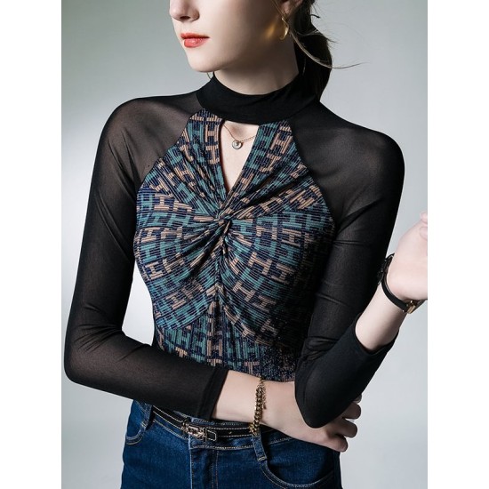 Hollow Knot Letter Print Split-Joint Long Sleeves Skinny Mock Neck T-Shirts Tops Hollow Knot Letter Print Split-Joint Long Sleeves Skinny Mock Neck T-Shirts Tops