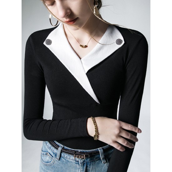 Asymmetric Buttoned Long Sleeves Skinny V-Neck T-Shirts Tops Asymmetric Buttoned Long Sleeves Skinny V-Neck T-Shirts Tops