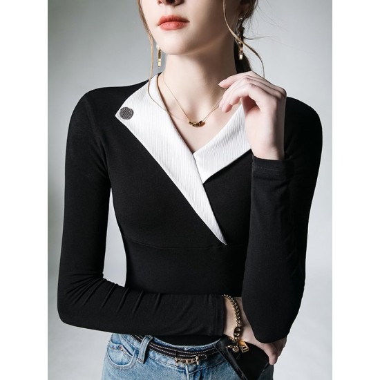 Asymmetric Buttoned Long Sleeves Skinny V-Neck T-Shirts Tops Asymmetric Buttoned Long Sleeves Skinny V-Neck T-Shirts Tops