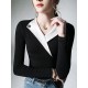 Asymmetric Buttoned Long Sleeves Skinny V-Neck T-Shirts Tops Asymmetric Buttoned Long Sleeves Skinny V-Neck T-Shirts Tops