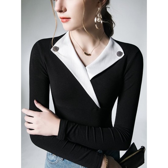 Asymmetric Buttoned Long Sleeves Skinny V-Neck T-Shirts Tops Asymmetric Buttoned Long Sleeves Skinny V-Neck T-Shirts Tops