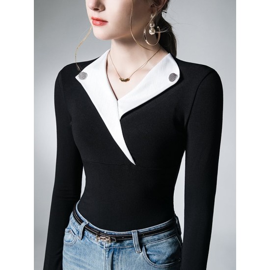 Asymmetric Buttoned Long Sleeves Skinny V-Neck T-Shirts Tops Asymmetric Buttoned Long Sleeves Skinny V-Neck T-Shirts Tops