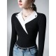 Asymmetric Buttoned Long Sleeves Skinny V-Neck T-Shirts Tops Asymmetric Buttoned Long Sleeves Skinny V-Neck T-Shirts Tops