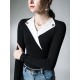 Asymmetric Buttoned Long Sleeves Skinny V-Neck T-Shirts Tops Asymmetric Buttoned Long Sleeves Skinny V-Neck T-Shirts Tops