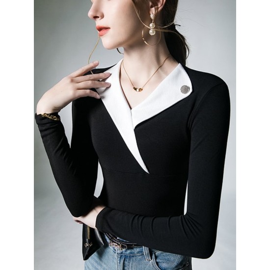 Asymmetric Buttoned Long Sleeves Skinny V-Neck T-Shirts Tops Asymmetric Buttoned Long Sleeves Skinny V-Neck T-Shirts Tops