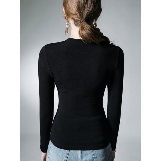 Asymmetric Buttoned Long Sleeves Skinny V-Neck T-Shirts Tops Asymmetric Buttoned Long Sleeves Skinny V-Neck T-Shirts Tops
