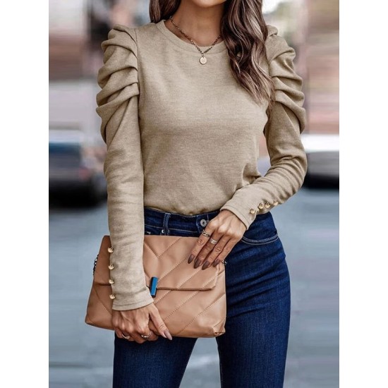 Buttoned Pleated Bishop Sleeve Long Sleeves Round-neck T-Shirts Tops Buttoned Pleated Bishop Sleeve Long Sleeves Round-neck T-Shirts Tops