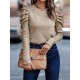 Buttoned Pleated Bishop Sleeve Long Sleeves Round-neck T-Shirts Tops Buttoned Pleated Bishop Sleeve Long Sleeves Round-neck T-Shirts Tops