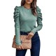 Buttoned Pleated Bishop Sleeve Long Sleeves Round-neck T-Shirts Tops Buttoned Pleated Bishop Sleeve Long Sleeves Round-neck T-Shirts Tops