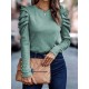 Buttoned Pleated Bishop Sleeve Long Sleeves Round-neck T-Shirts Tops Buttoned Pleated Bishop Sleeve Long Sleeves Round-neck T-Shirts Tops