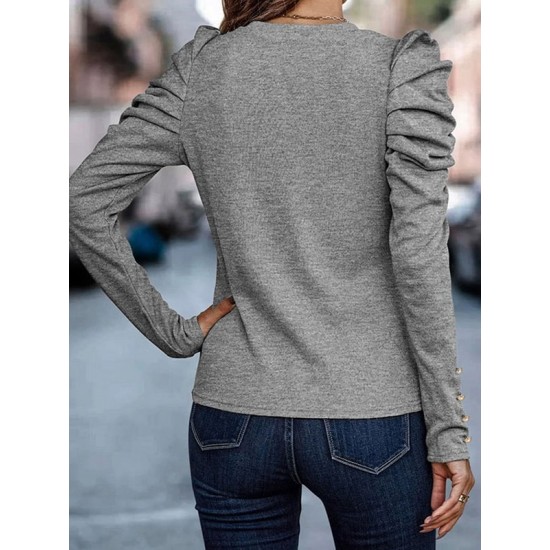 Buttoned Pleated Bishop Sleeve Long Sleeves Round-neck T-Shirts Tops Buttoned Pleated Bishop Sleeve Long Sleeves Round-neck T-Shirts Tops