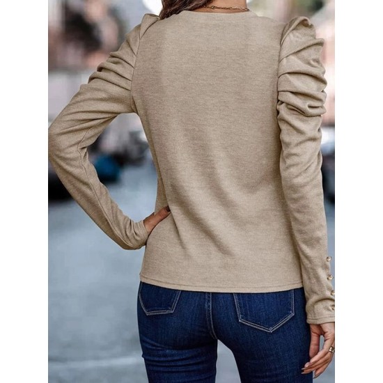 Buttoned Pleated Bishop Sleeve Long Sleeves Round-neck T-Shirts Tops Buttoned Pleated Bishop Sleeve Long Sleeves Round-neck T-Shirts Tops