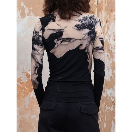 Long Sleeves Skinny Flower Print Mock Neck T-Shirts Tops Long Sleeves Skinny Flower Print Mock Neck T-Shirts Tops