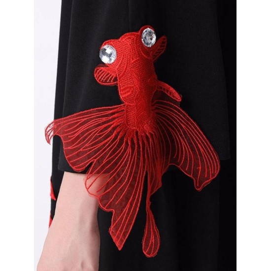 Red Goldfish Embroidered Loose Round Neck T-Shirt Dress Red Goldfish Embroidered Loose Round Neck T-Shirt Dress