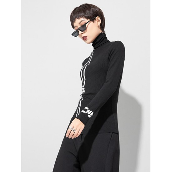 Black Printed High-Neck Long Sleeve T-Shirt Black Printed High-Neck Long Sleeve T-Shirt