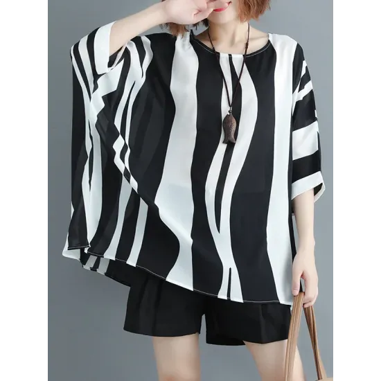 Original Chiffon Batwing Sleeves Striped Shirts Tops Original Chiffon Batwing Sleeves Striped Shirts Tops