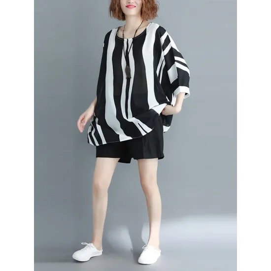 Original Chiffon Batwing Sleeves Striped Shirts Tops Original Chiffon Batwing Sleeves Striped Shirts Tops