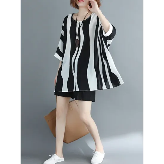Original Chiffon Batwing Sleeves Striped Shirts Tops Original Chiffon Batwing Sleeves Striped Shirts Tops