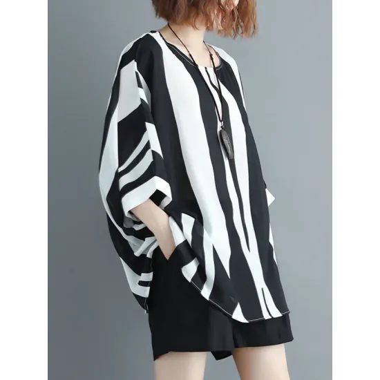 Original Chiffon Batwing Sleeves Striped Shirts Tops Original Chiffon Batwing Sleeves Striped Shirts Tops