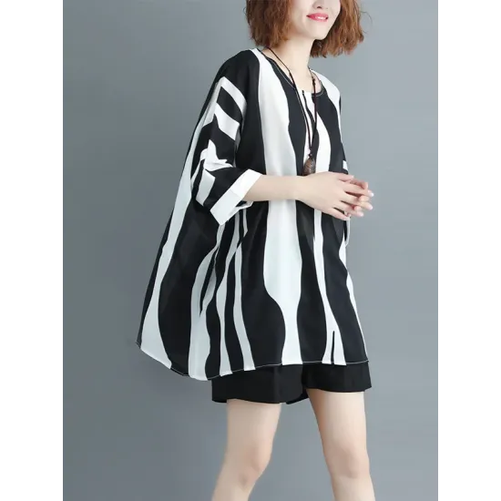 Original Chiffon Batwing Sleeves Striped Shirts Tops Original Chiffon Batwing Sleeves Striped Shirts Tops