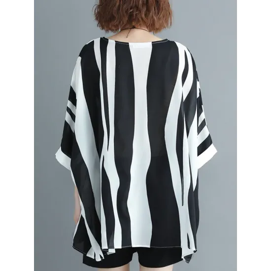 Original Chiffon Batwing Sleeves Striped Shirts Tops Original Chiffon Batwing Sleeves Striped Shirts Tops