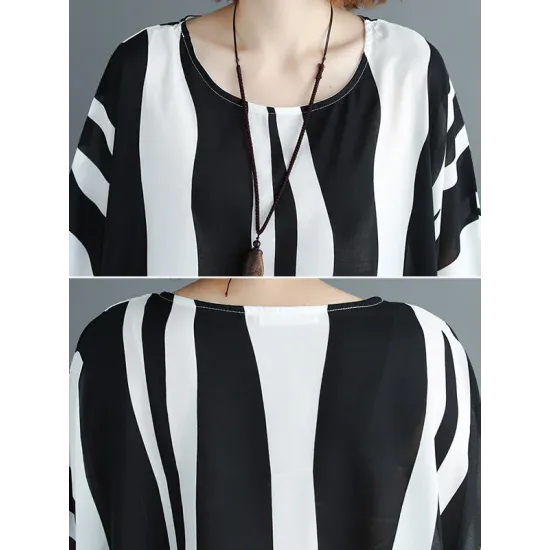 Original Chiffon Batwing Sleeves Striped Shirts Tops Original Chiffon Batwing Sleeves Striped Shirts Tops