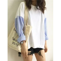 Striped Split-Joint Plus Size Loose Long Sleeve Shirt Tops