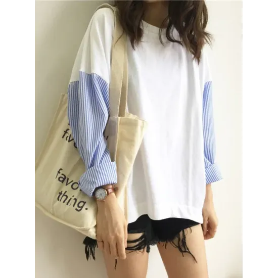 Striped Split-Joint Plus Size Loose Long Sleeve Shirt Tops Striped Split-Joint Plus Size Loose Long Sleeve Shirt Tops