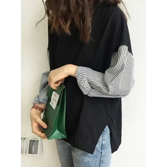 Striped Split-Joint Plus Size Loose Long Sleeve Shirt Tops Striped Split-Joint Plus Size Loose Long Sleeve Shirt Tops